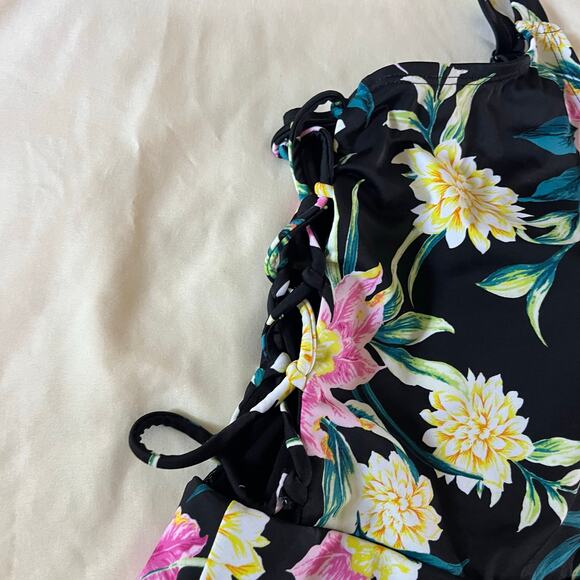 Torrid Black Floral Lace Up Detail Swim Dress Plus Size 4X Modest Full Coverage - Picture 4 of 9